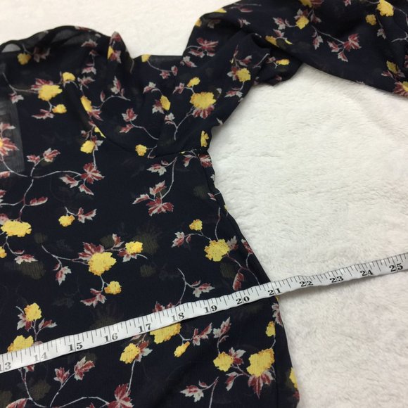 New! Lush Blouse Top Size M Black Yellow Floral Print Sheer Chiffon Long Sleeve - Picture 13 of 15